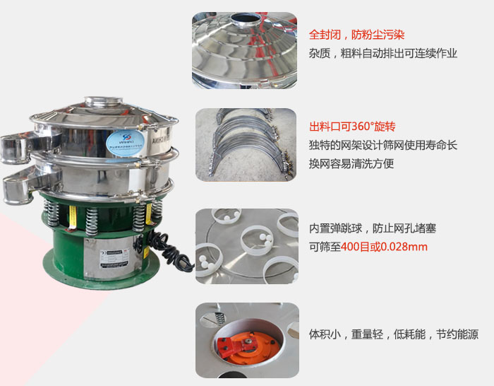 全封闭，防粉尘污染：杂质，粗料自动排出可连续作业。出料口可36°旋转独特的网架设计筛网使用寿命长换网容易清洗方便。