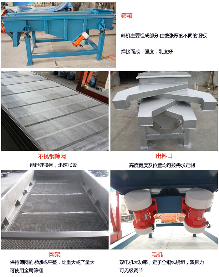520型直线葫芦娃视频下载结构：筛箱：筛机主要组成部分，由数张厚度不同的钢板焊制而成，强度，刚度好。不锈钢筛网：能迅速换网，迅速张紧。电机：双电机大功率，定子全铜线绕组，激振力可无极调节。网架：保持筛网的紧绷和平整，比重大或产量大时可使用金属筛框。出料口：高度宽度及位置均可按照用户的要求来定制。