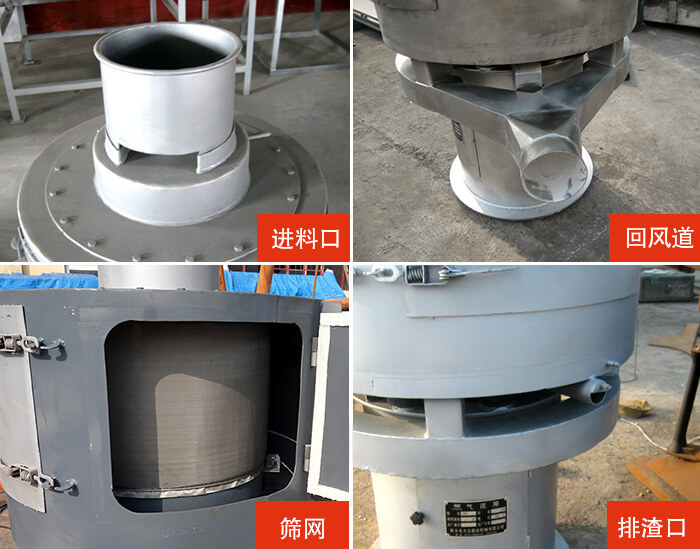 气流筛分机进料口，回风道，筛网，排渣口。