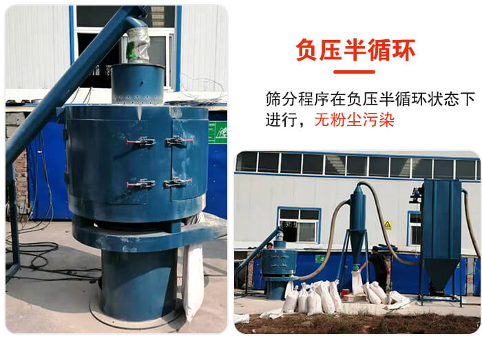 气流筛负压半循环，筛分程序在负压版循环状态下进行，无粉尘污染。