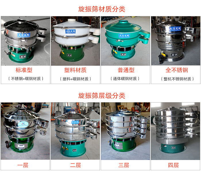 旋振筛材质分类：塑料，全不锈钢等旋振筛层级分类：一层，两层，三层，四层等。